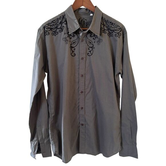 Guess Mens Y2K Grunge Button Shirt Grey XL Graphic Long Sleeve Cross Biker Angel - Picture 1 of 11